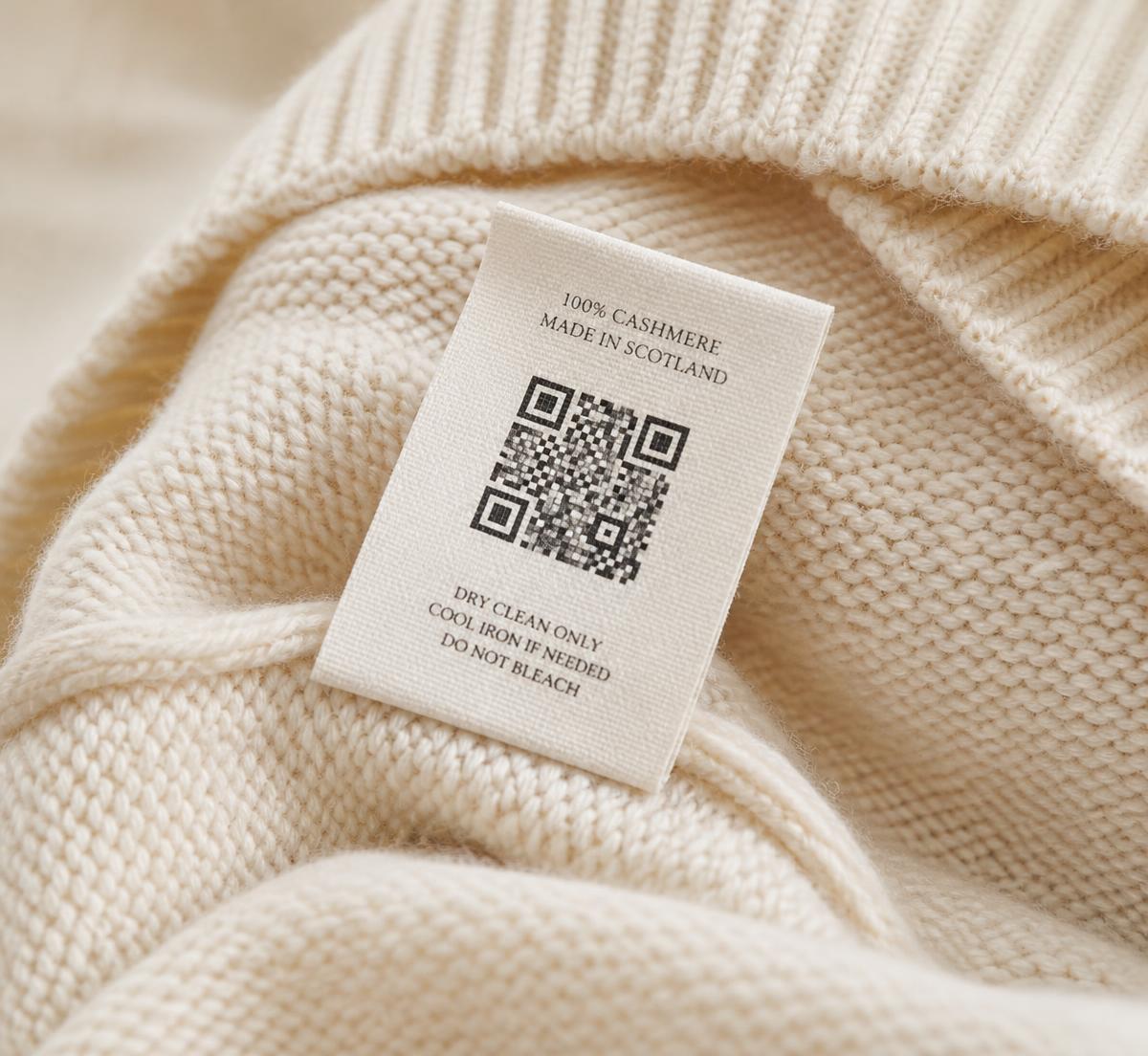 Knitted cashmere garment with a woven care label carrying a Digital Product Passport QR code